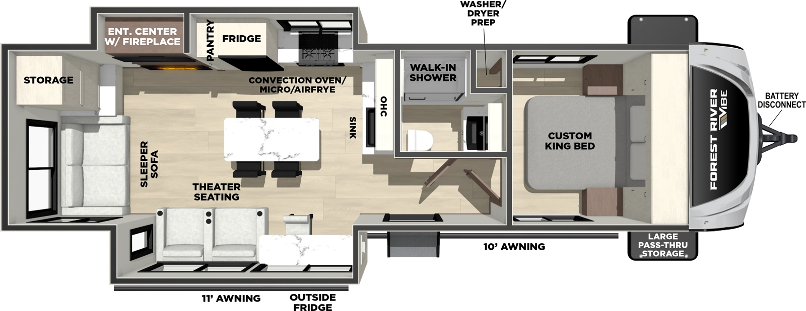 The Vibe 2800RL floorplan has one entry and two slide outs. Exterior features include: fiberglass exterior and 11' & 10' awning. Interiors features include: kitchen island, front bedroom and rear living.